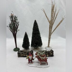 Dept 56 Lot Village Trees (4), Small Stone Walls (2) Santa’s Little Helper (1)
